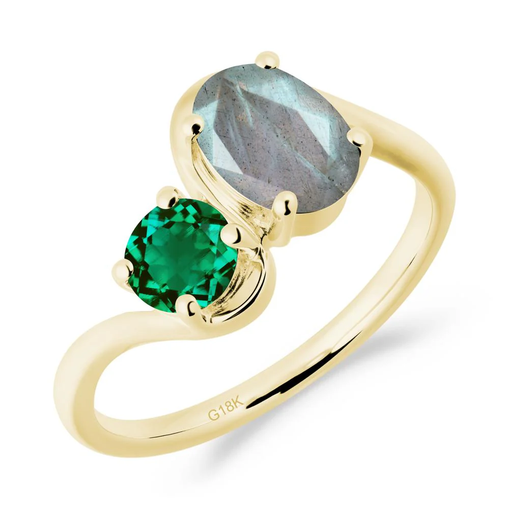 Wavy Bypass Ring with Labradorite and Emerald - Image 3