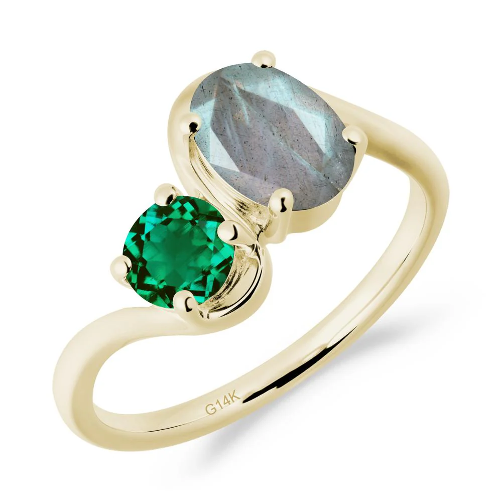 Wavy Bypass Ring with Labradorite and Emerald - Image 4