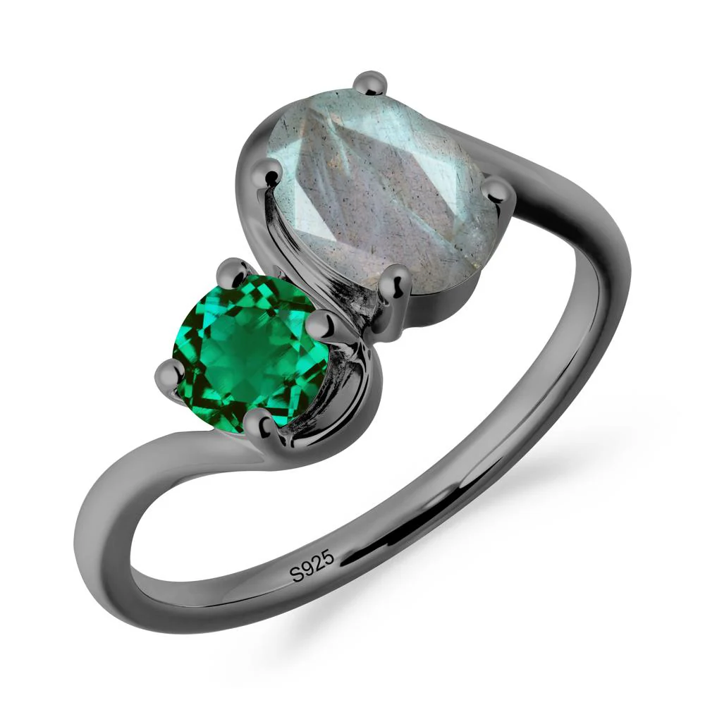 Wavy Bypass Ring with Labradorite and Emerald - Image 5