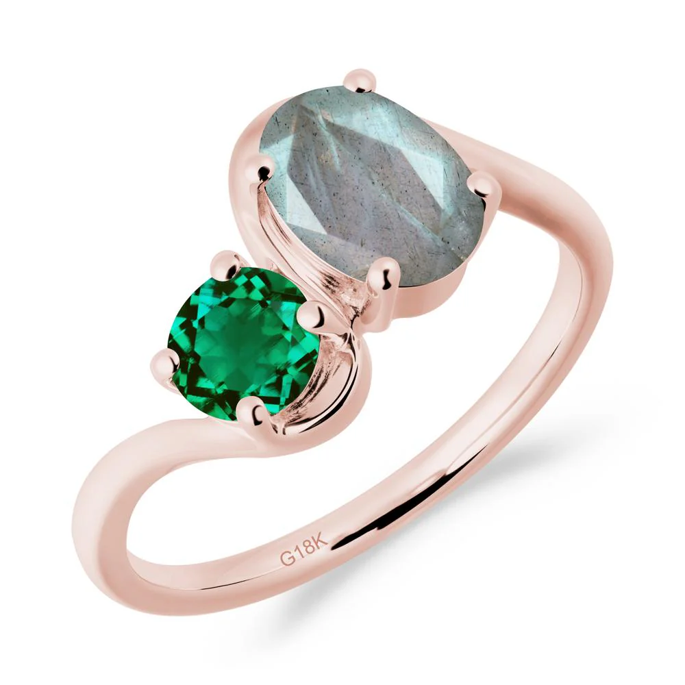 Wavy Bypass Ring with Labradorite and Emerald - Image 6