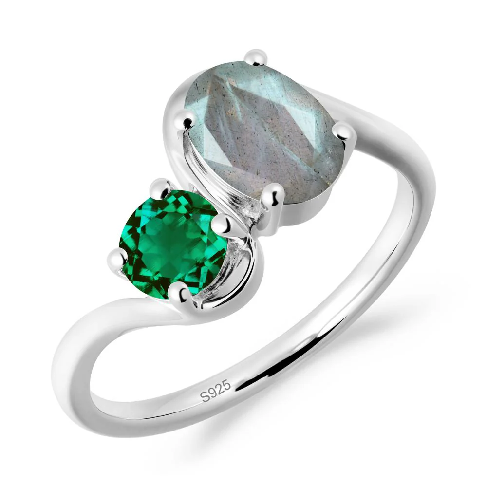 Wavy Bypass Ring with Labradorite and Emerald - Image 9