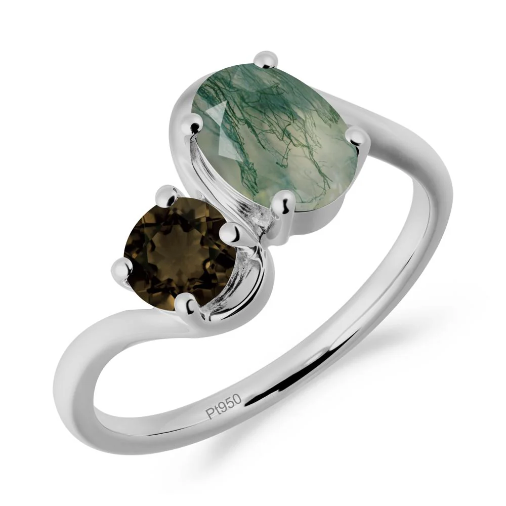 Wavy Bypass Ring with Moss Agate and Smoky Quartz