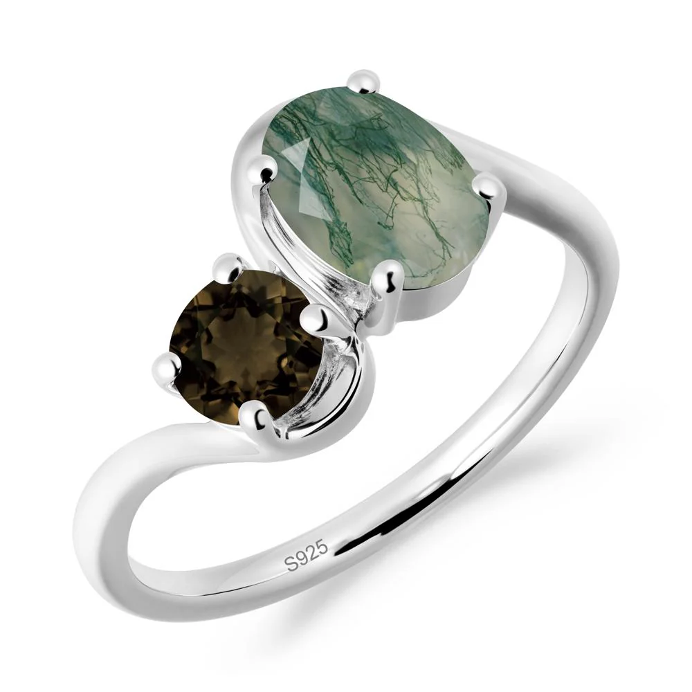 Wavy Bypass Ring with Moss Agate and Smoky Quartz - Image 3