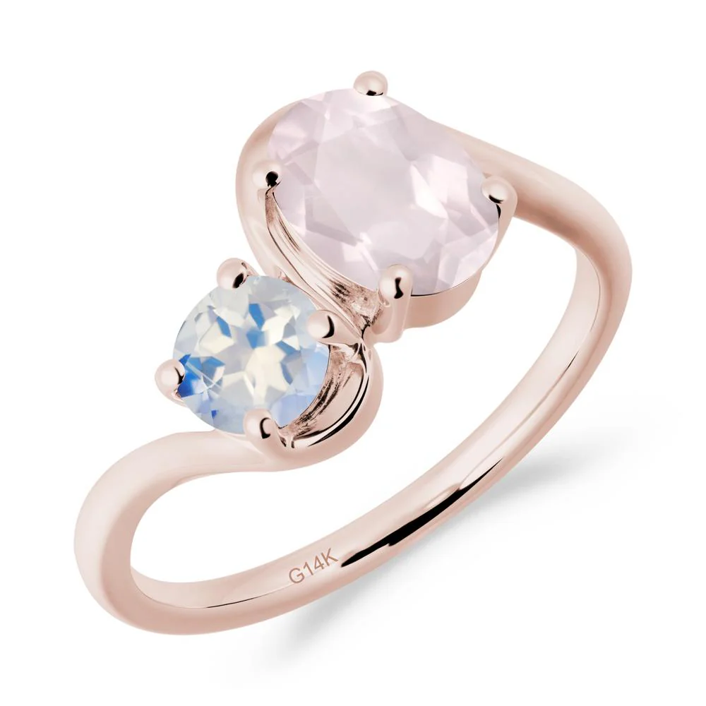 Wavy Bypass Rose Quartz and Moonstone Toi Et Moi Ring - Image 9