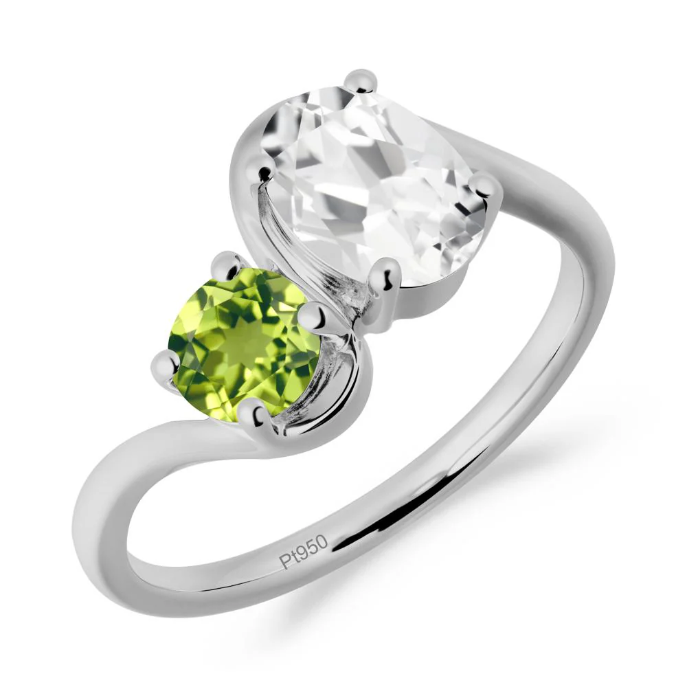 Wavy Bypass White Topaz and Peridot Toi Et Moi Ring