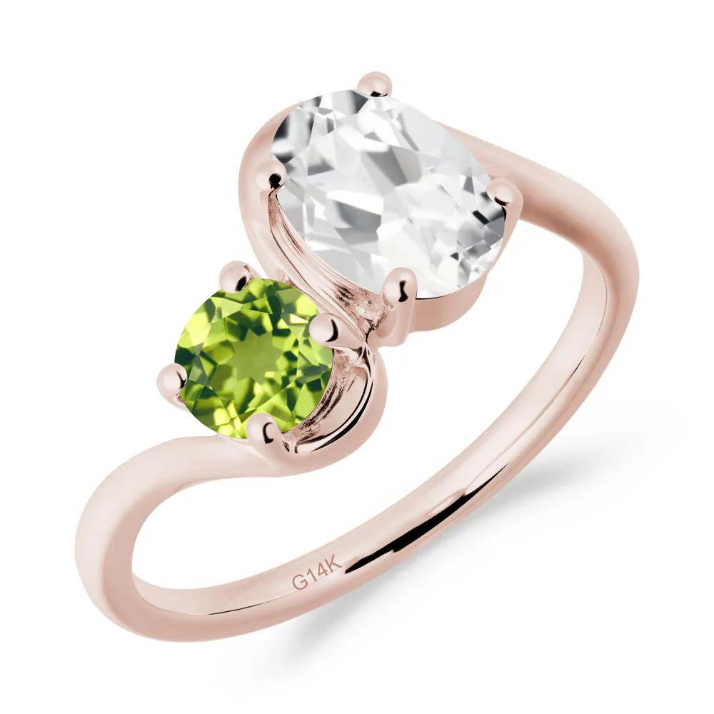 Wavy Bypass White Topaz and Peridot Toi Et Moi Ring - Image 4