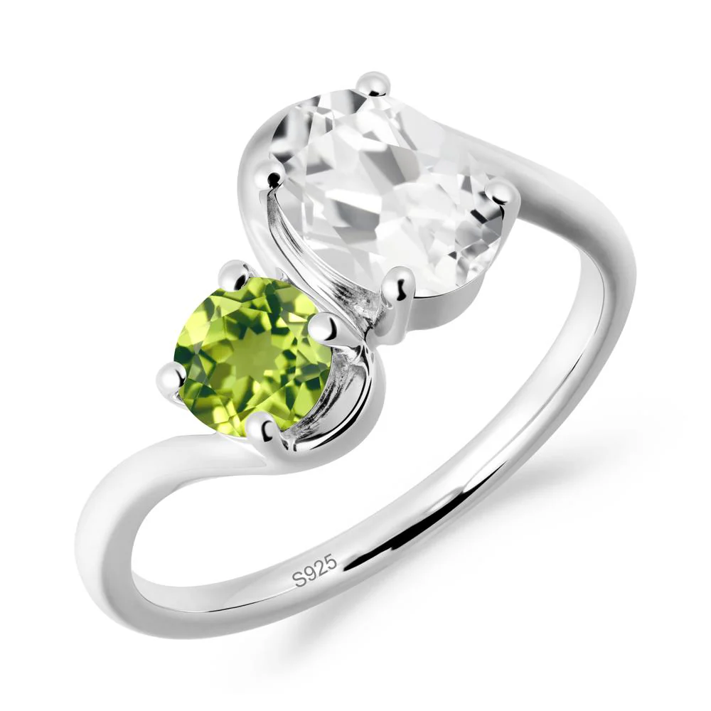 Wavy Bypass White Topaz and Peridot Toi Et Moi Ring - Image 5