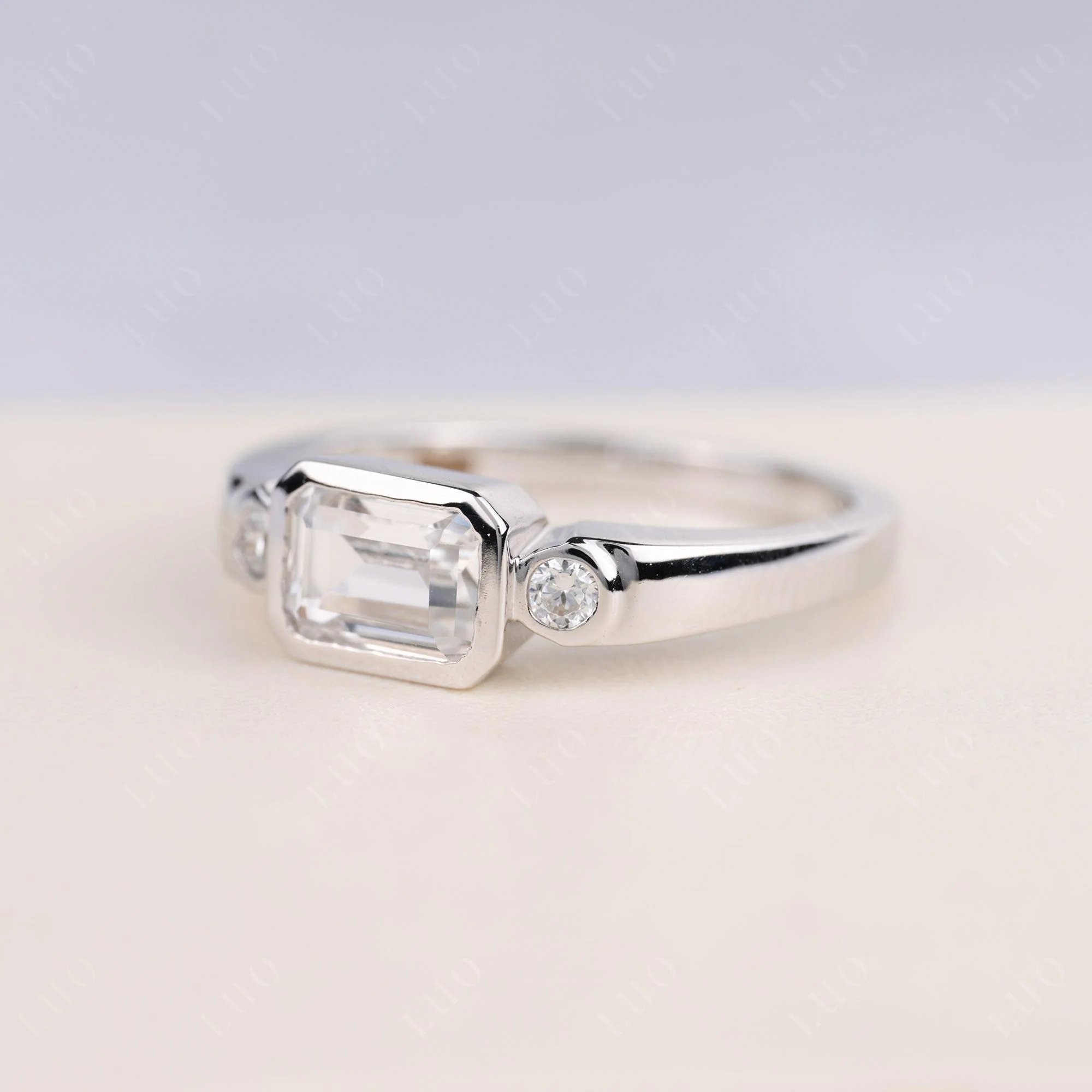 White Topaz Bezel Emerald Cut Ring - Image 2