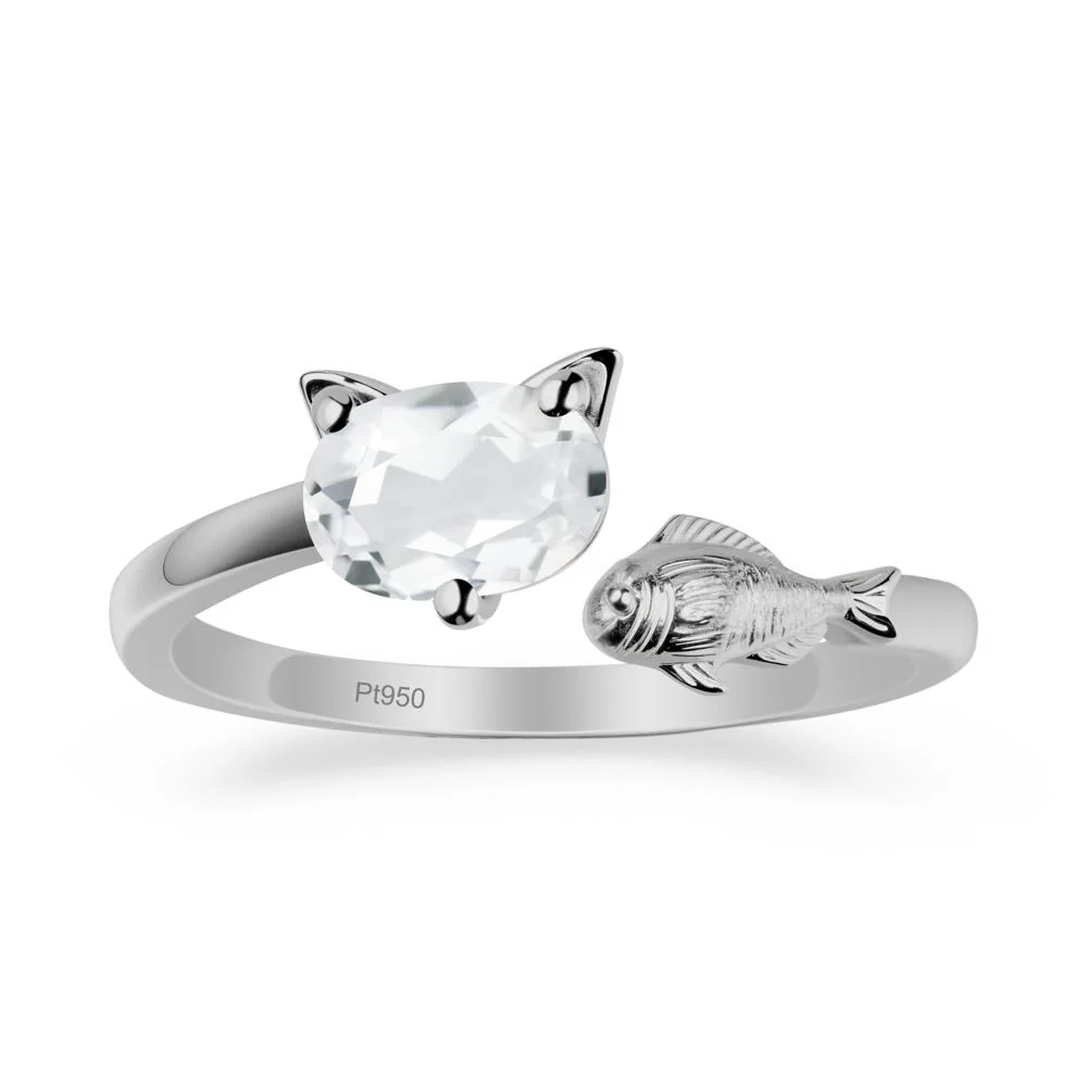 White Topaz Cat and Fish Ring