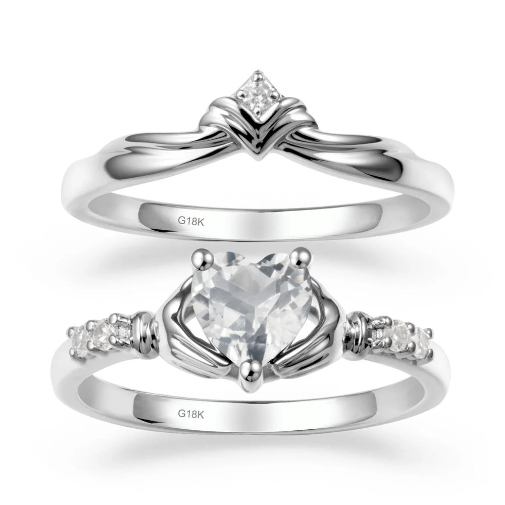 White Topaz Claddagh Ring Bridal Set - Image 6