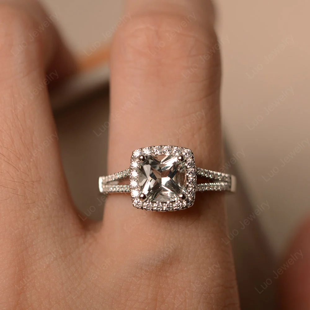 White Topaz Cathedral Cushion Cut Engagement Ring - Image 5