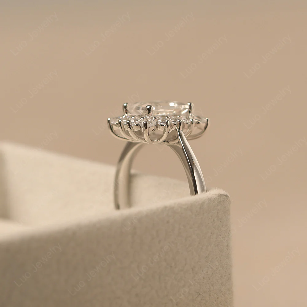 White Topaz Emerald Cut Halo Engagement Ring - Image 4