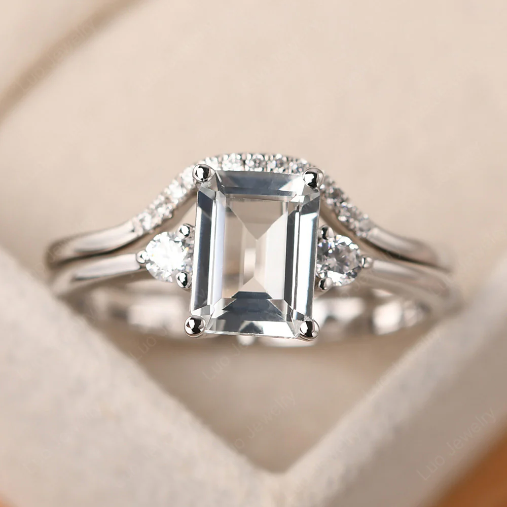 White Topaz Emerald Cut Ring with Band
