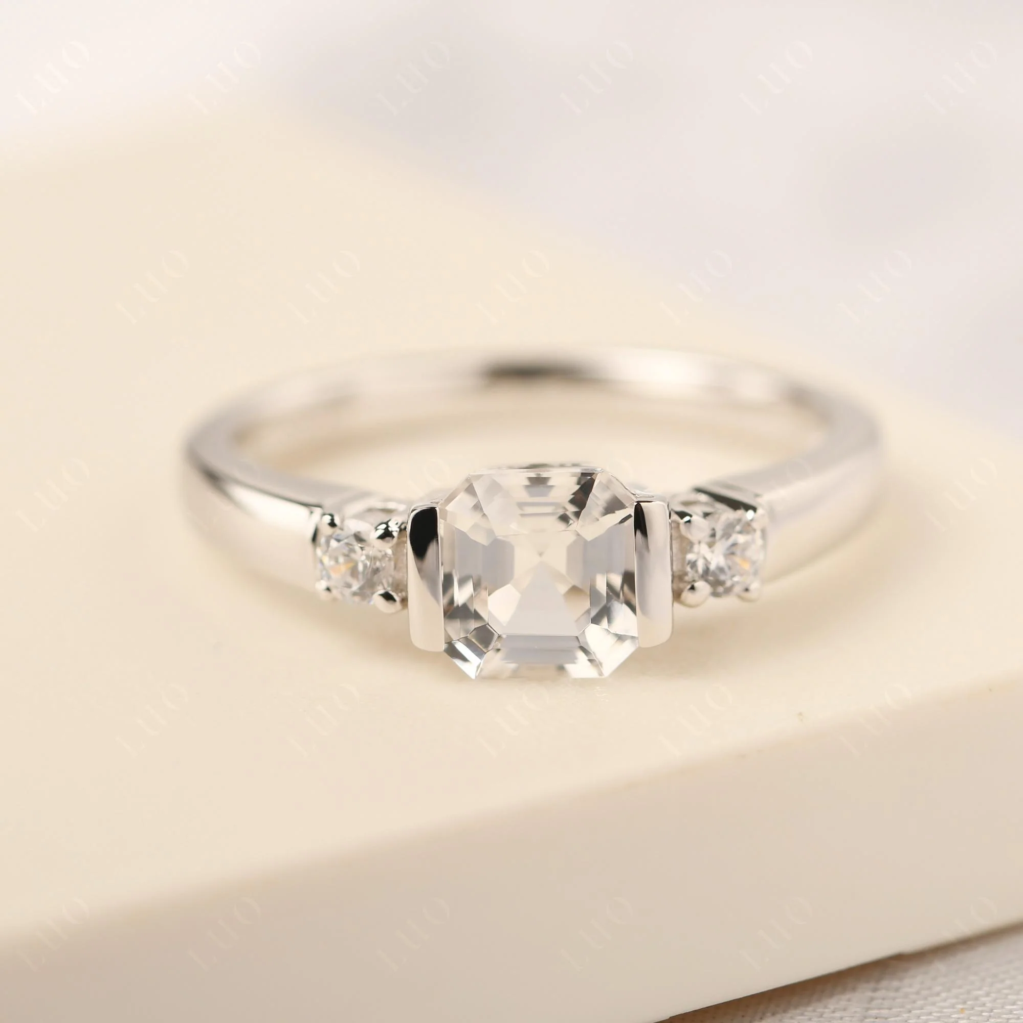 White Topaz Half Bezel Set Asscher Cut Ring - Image 10