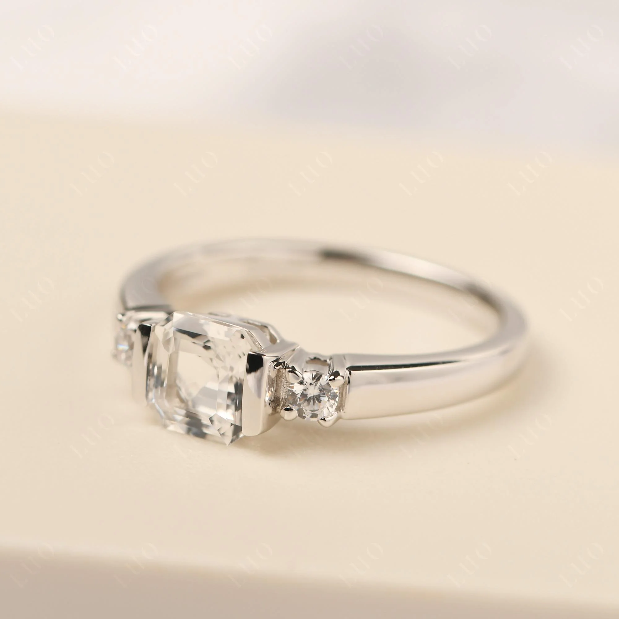 White Topaz Half Bezel Set Asscher Cut Ring - Image 11