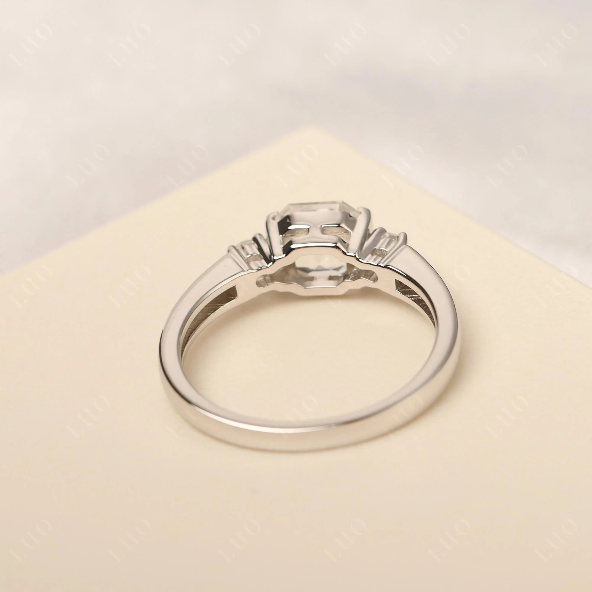 White Topaz Half Bezel Set Asscher Cut Ring - Image 12