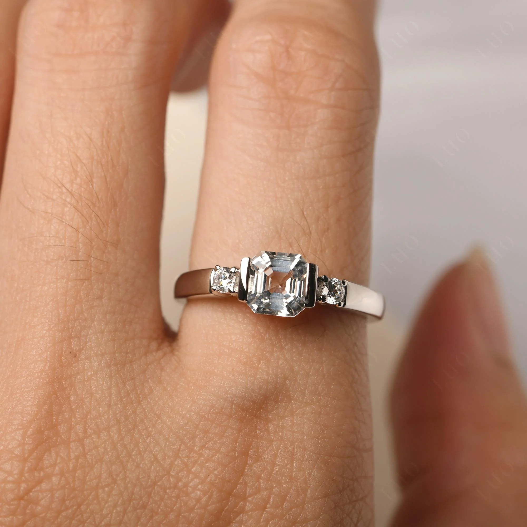 White Topaz Half Bezel Set Asscher Cut Ring - Image 14