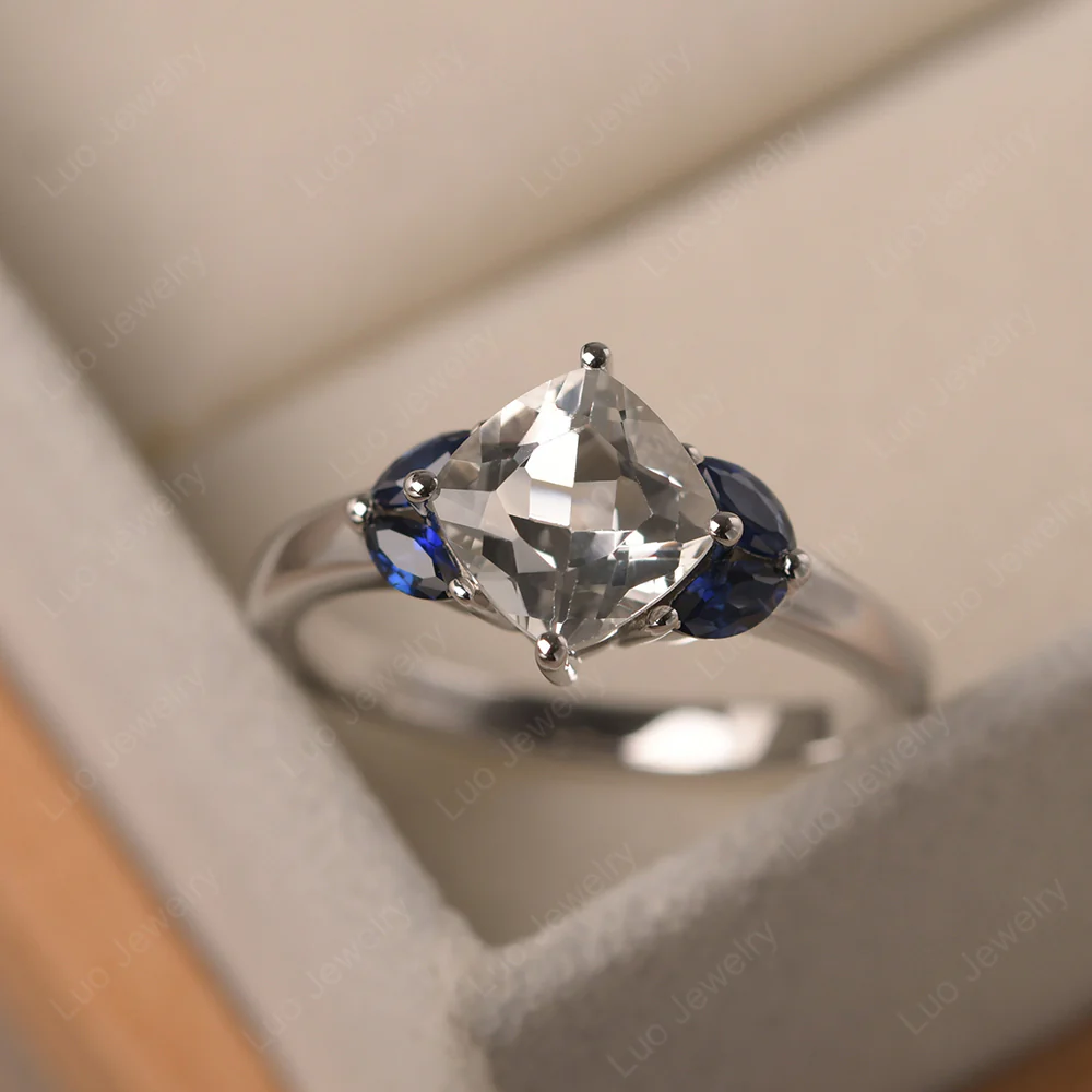 White Topaz Kite Set Cushion Engagement Ring