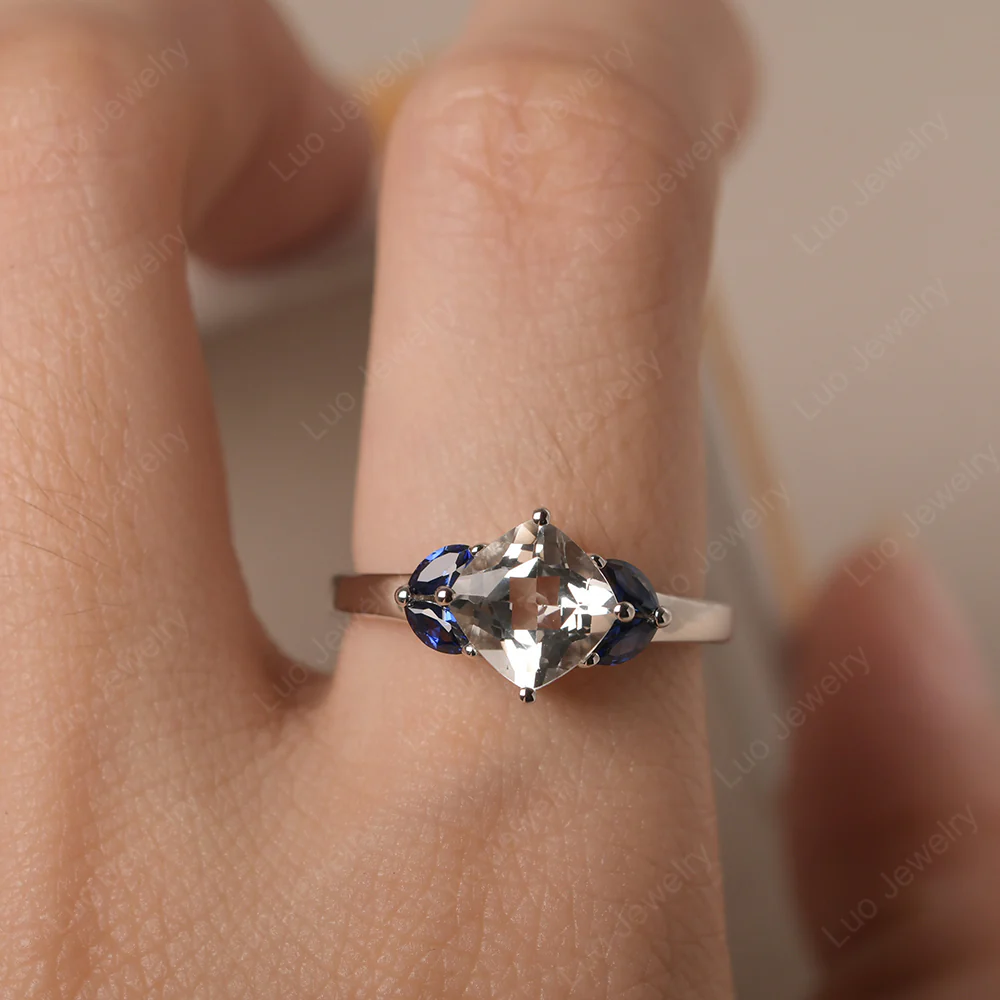 White Topaz Kite Set Cushion Engagement Ring - Image 5