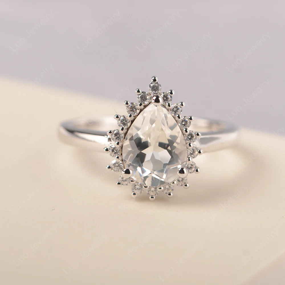White Topaz Pear Halo Engagement Ring