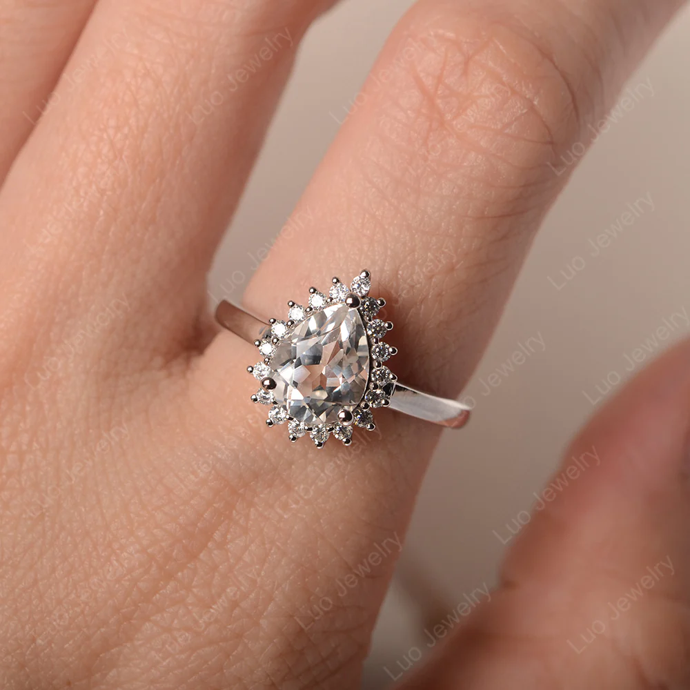 White Topaz Pear Halo Engagement Ring - Image 5