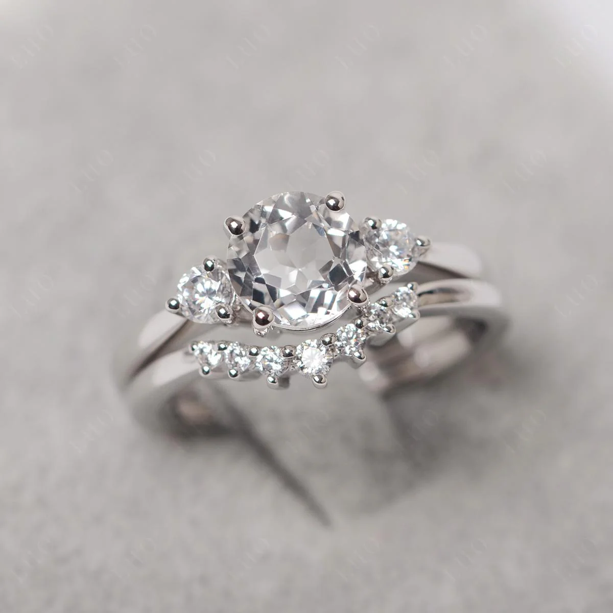 Round White Topaz Wedding Ring Set - Image 10