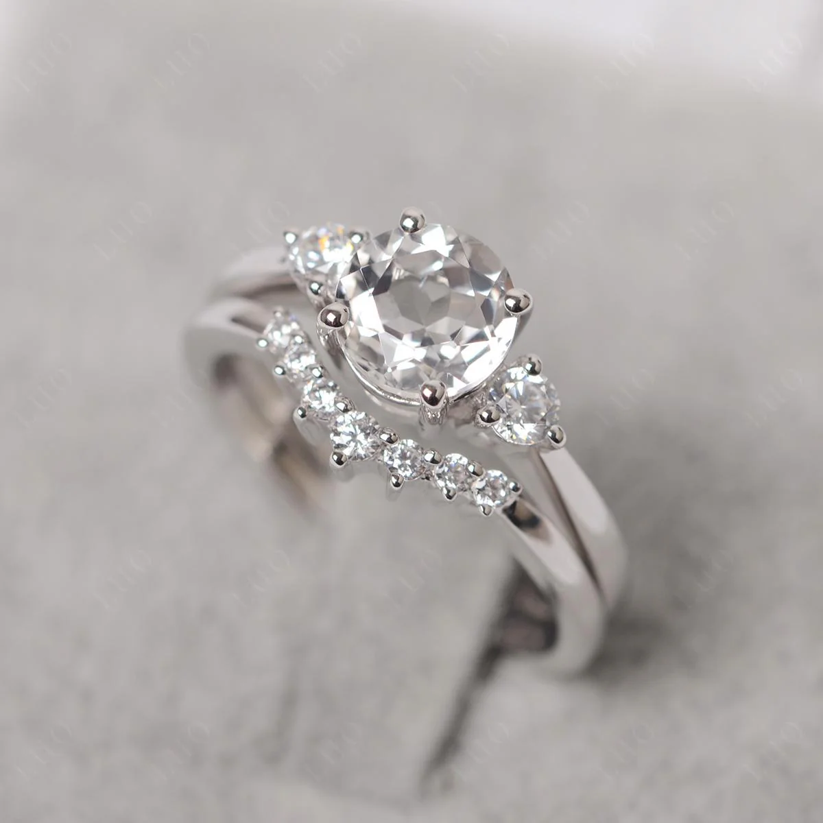 Round White Topaz Wedding Ring Set - Image 11