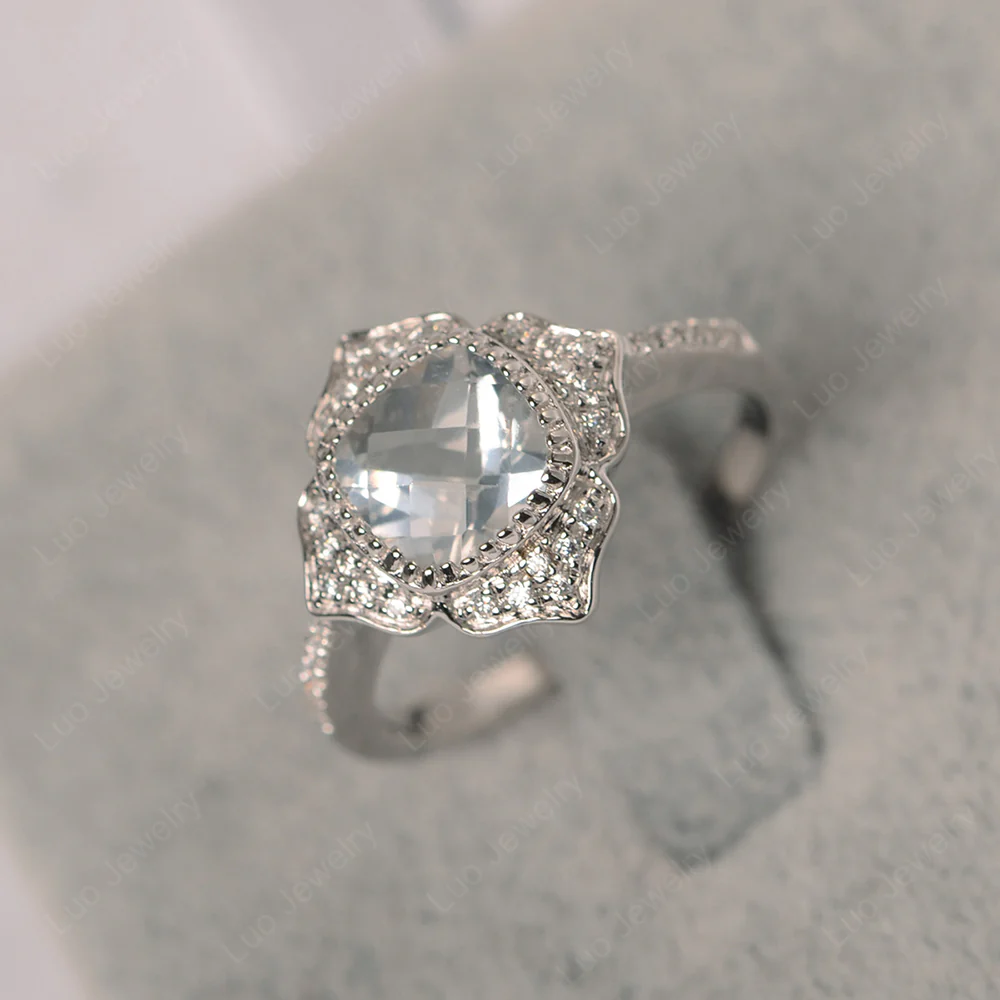 Cushion White Topaz Bezel Set Halo Floral Ring