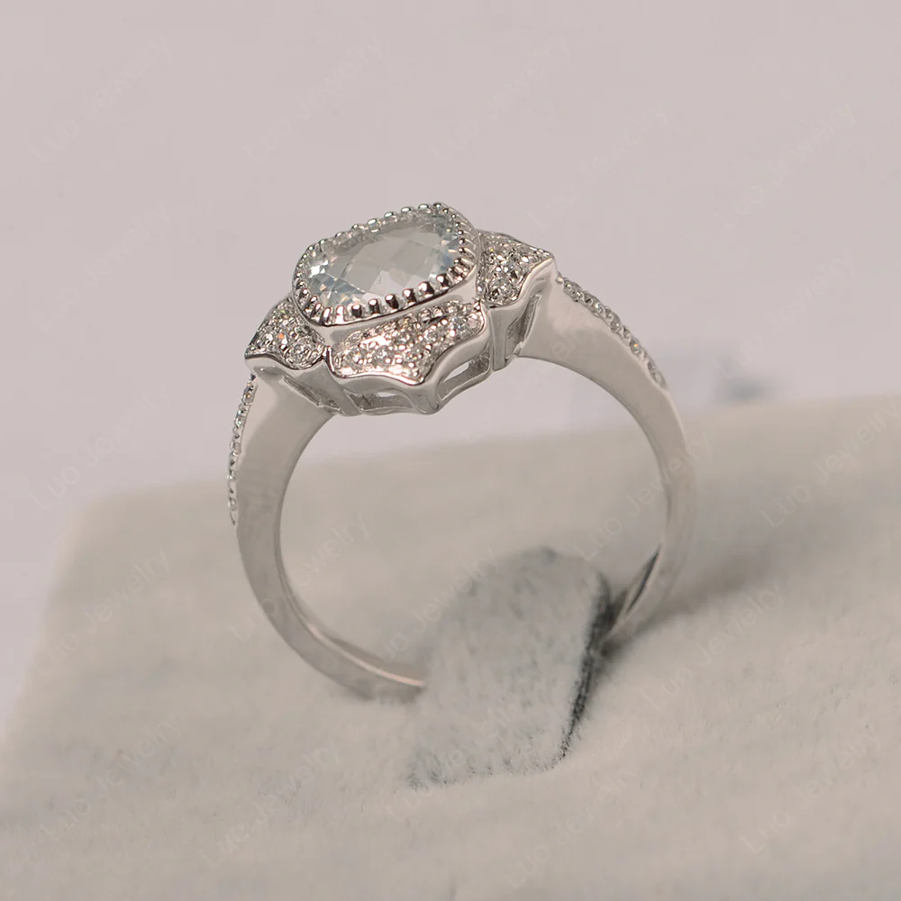 Cushion White Topaz Bezel Set Halo Floral Ring - Image 2