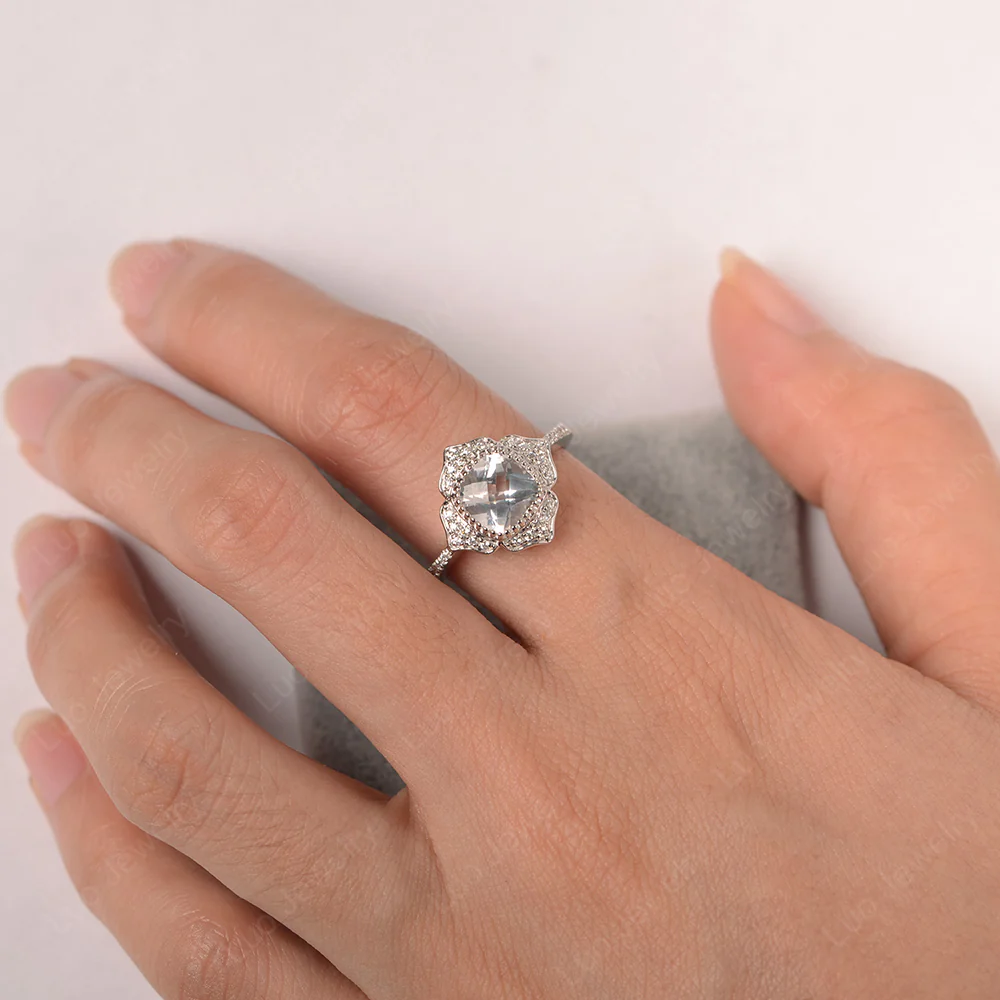 Cushion White Topaz Bezel Set Halo Floral Ring - Image 3