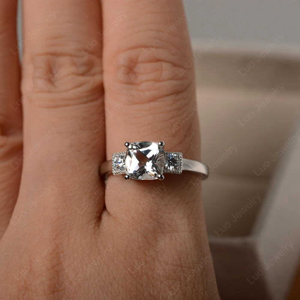 Cushion White Topaz Trilogy Ring - Image 4