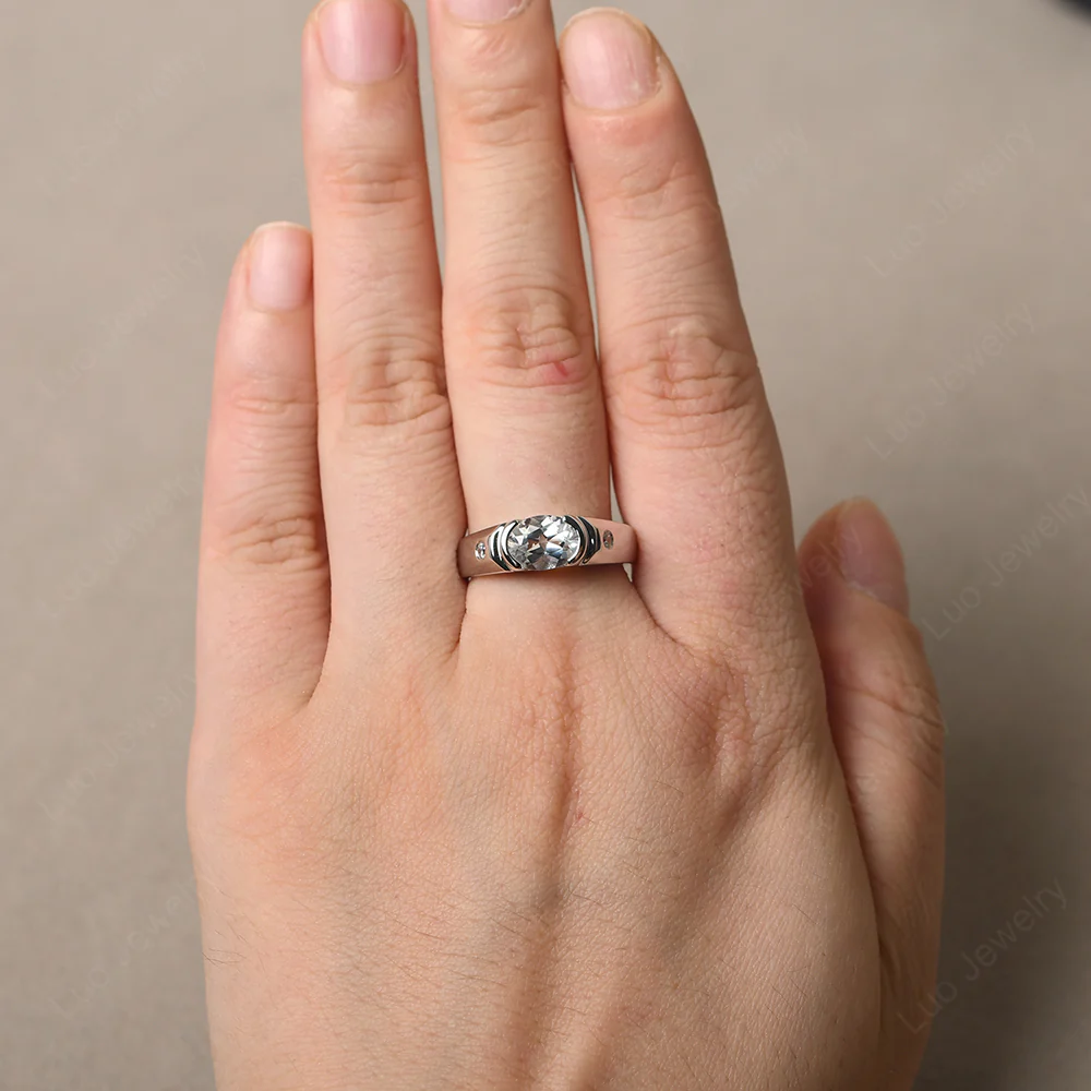 Oval White Topaz Horizontal Unisex Ring - Image 5