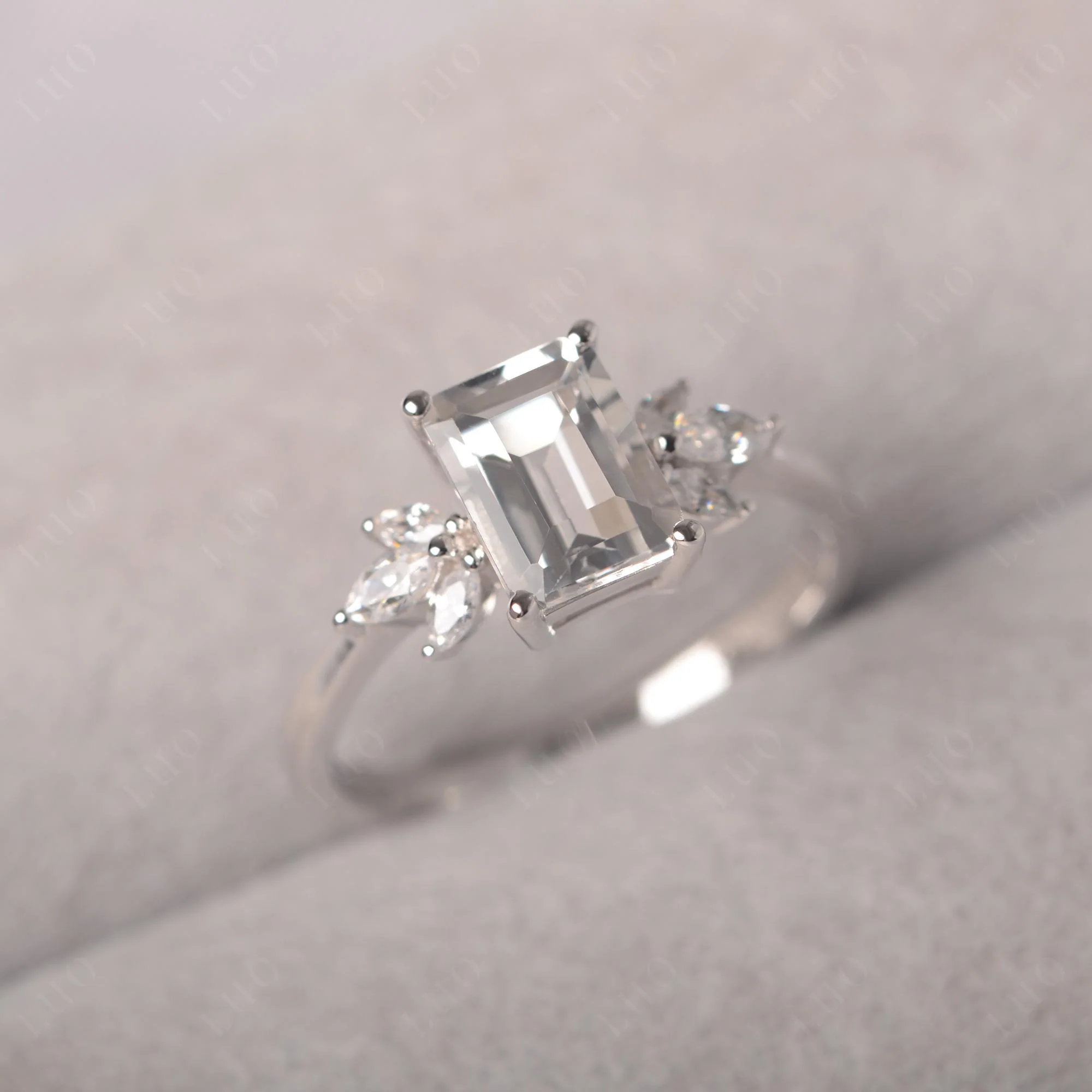 Sunburst Emerald Cut White Topaz Ring - Image 10