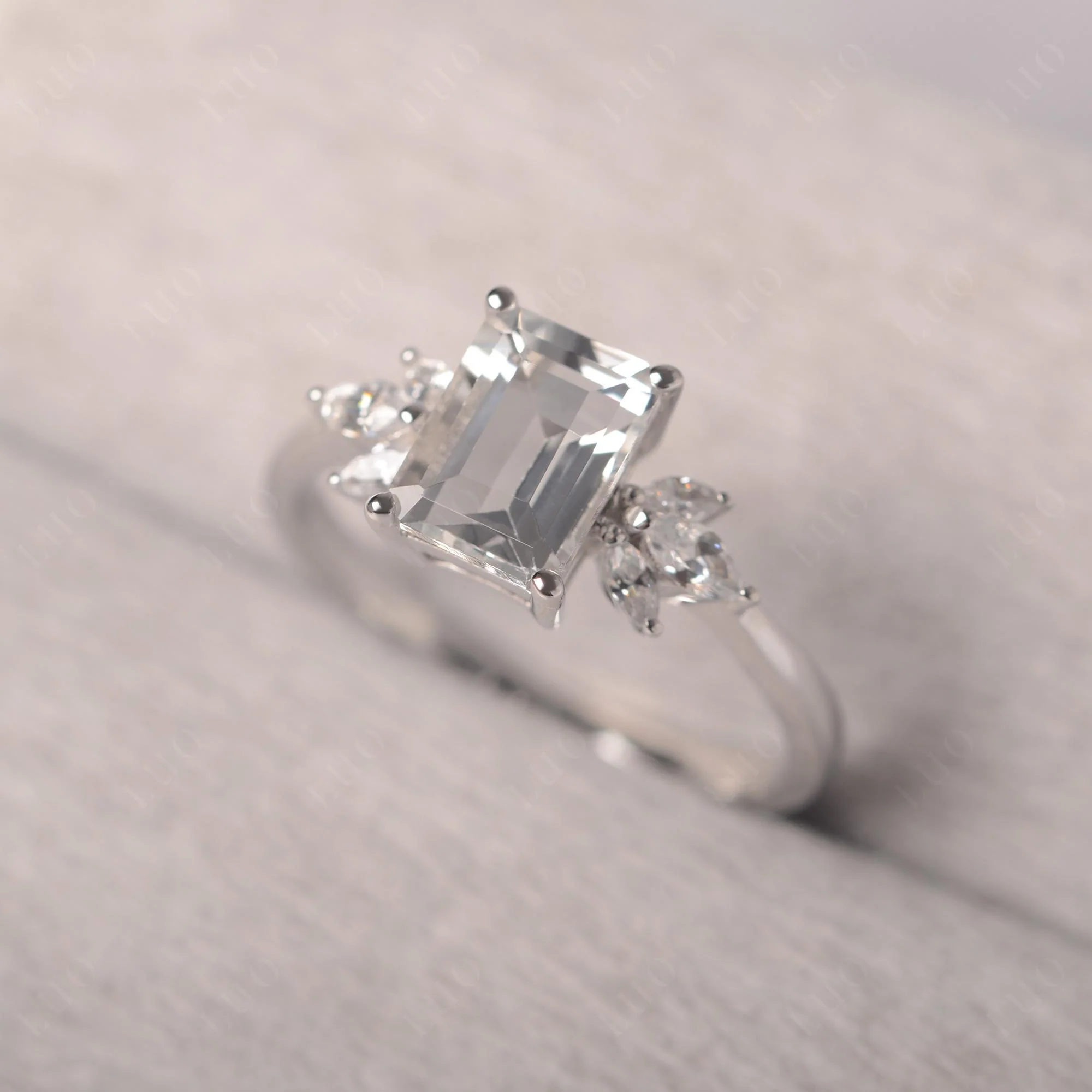 Sunburst Emerald Cut White Topaz Ring - Image 11