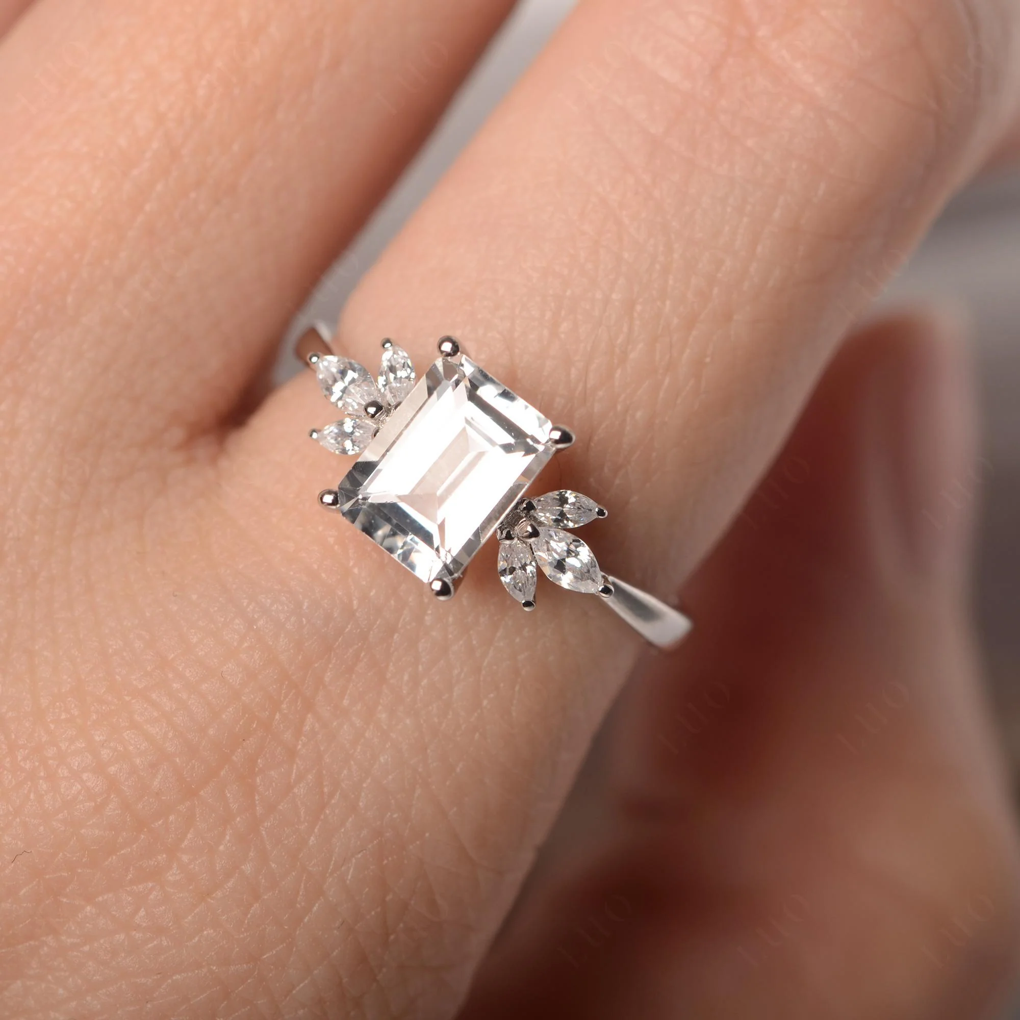 Sunburst Emerald Cut White Topaz Ring - Image 14