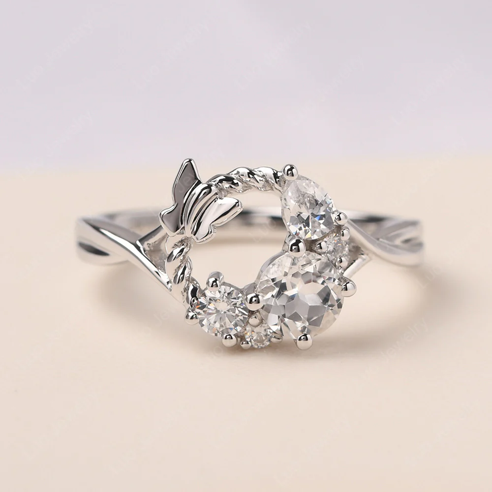 Vine and Butterfly Ring with White Topaz