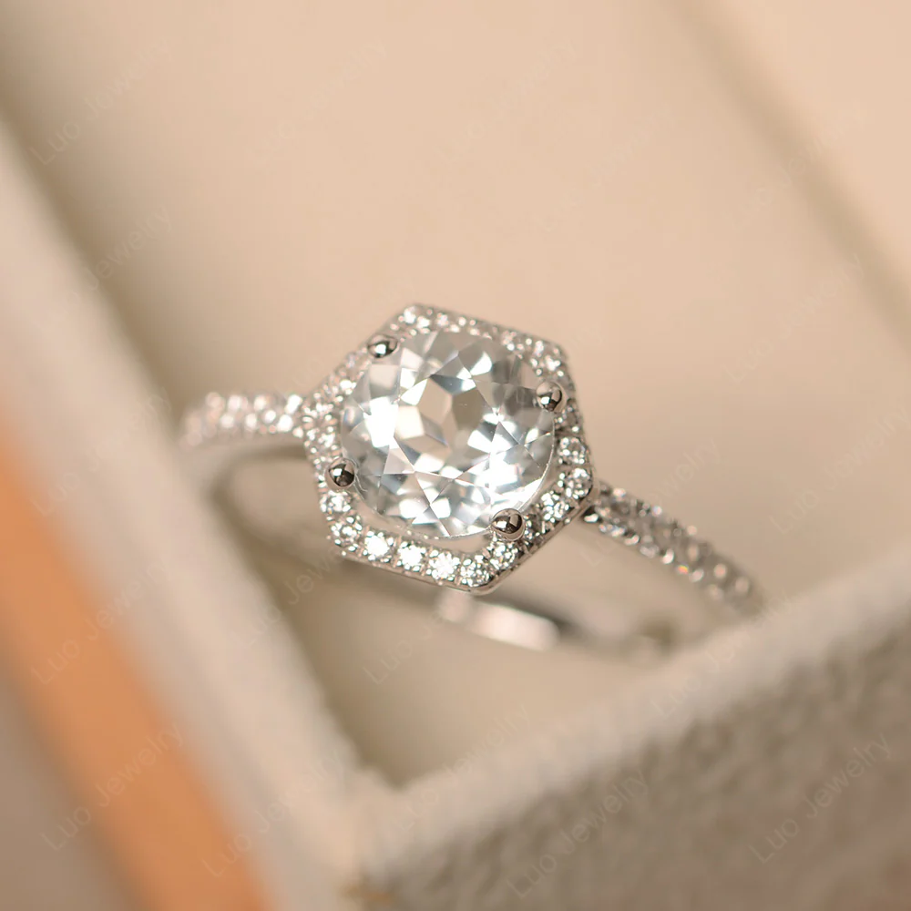 White Topaz Hexagon Halo Engagement Ring - Image 2