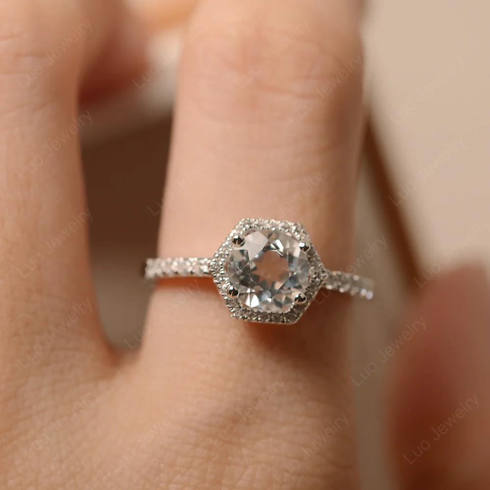 White Topaz Hexagon Halo Engagement Ring - Image 4