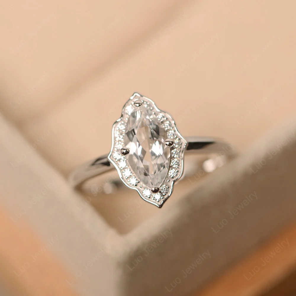 Marquise Cut White Topaz Halo Engagement Ring - Image 3