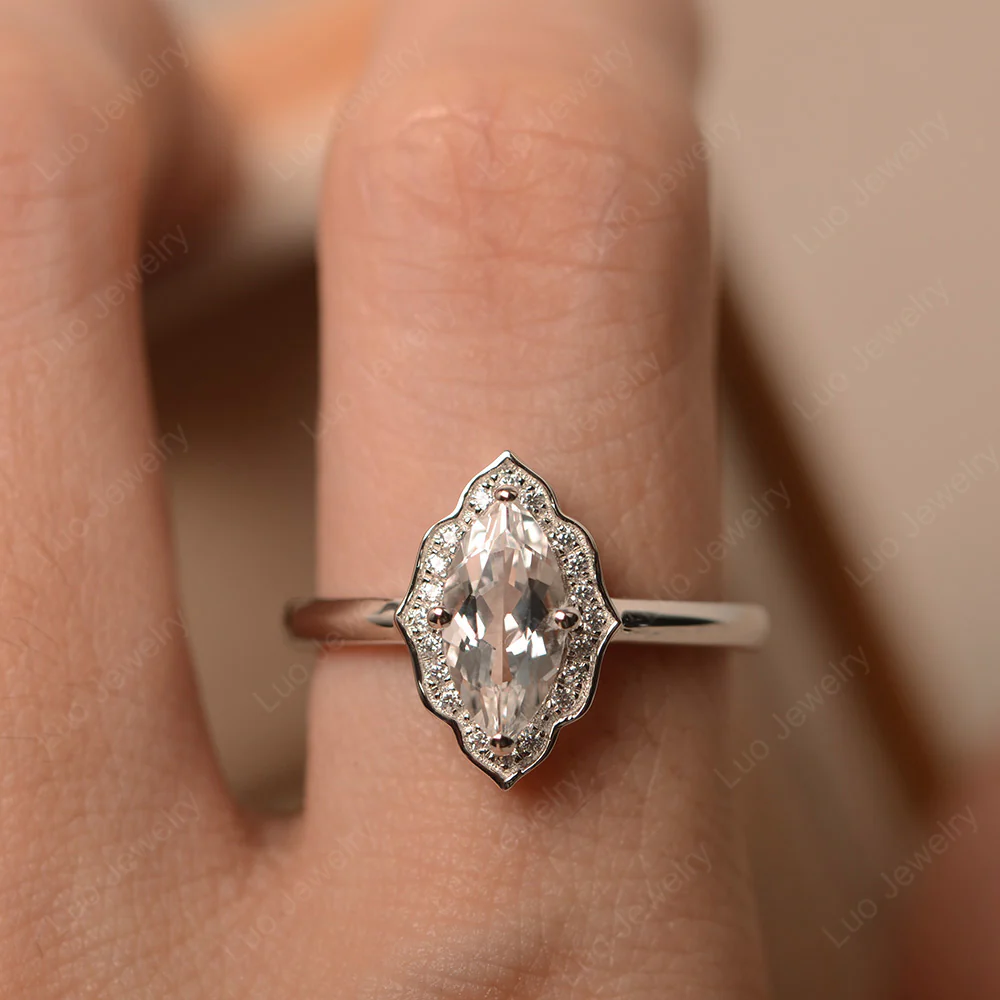 Marquise Cut White Topaz Halo Engagement Ring - Image 6