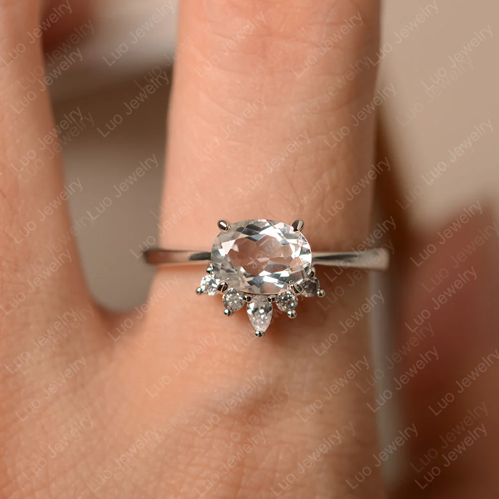 Half Sunburst Oval White Topaz Ring - Image 4