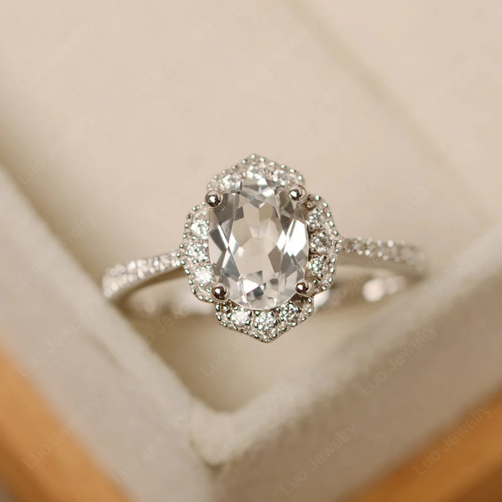 Milgrain Halo White Topaz Engagement Ring