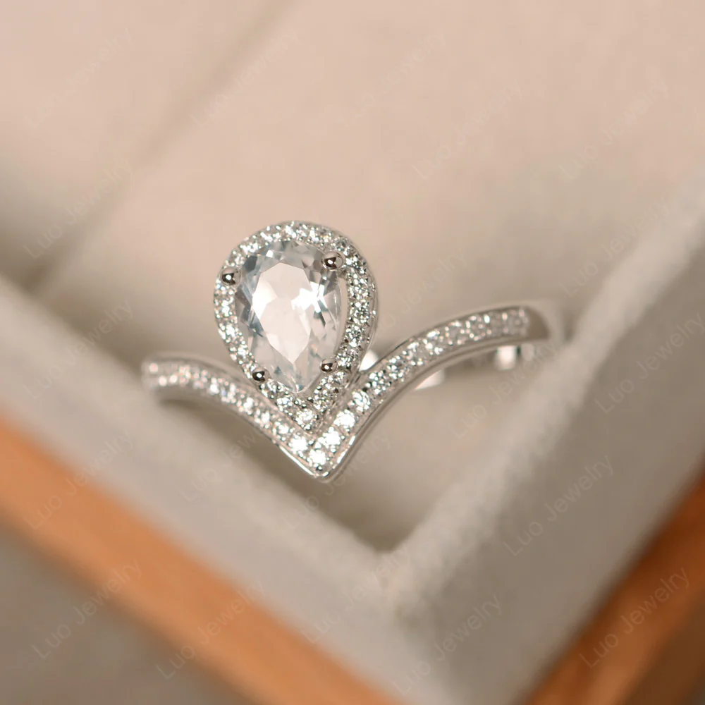 Teardrop Shaped White Topaz Chevron Ring