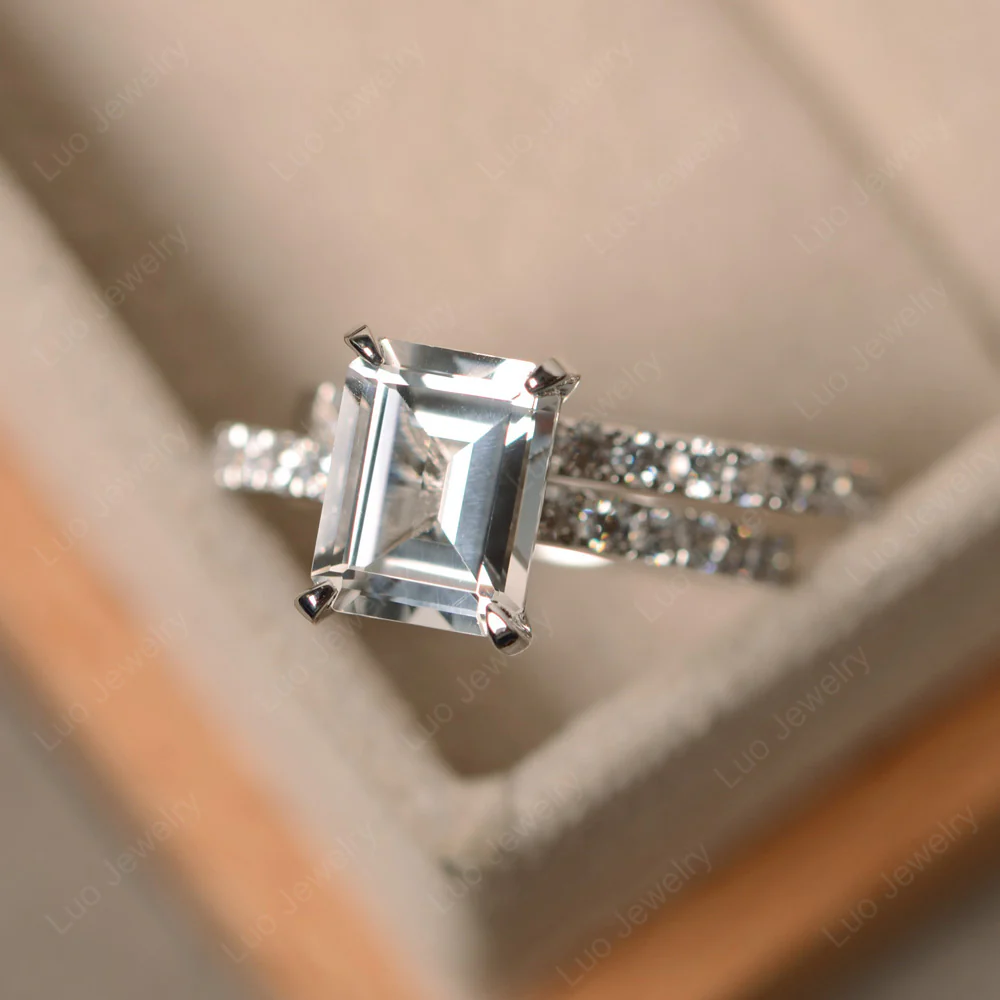 White Topaz Emerald Cut Wedding Ring Sets