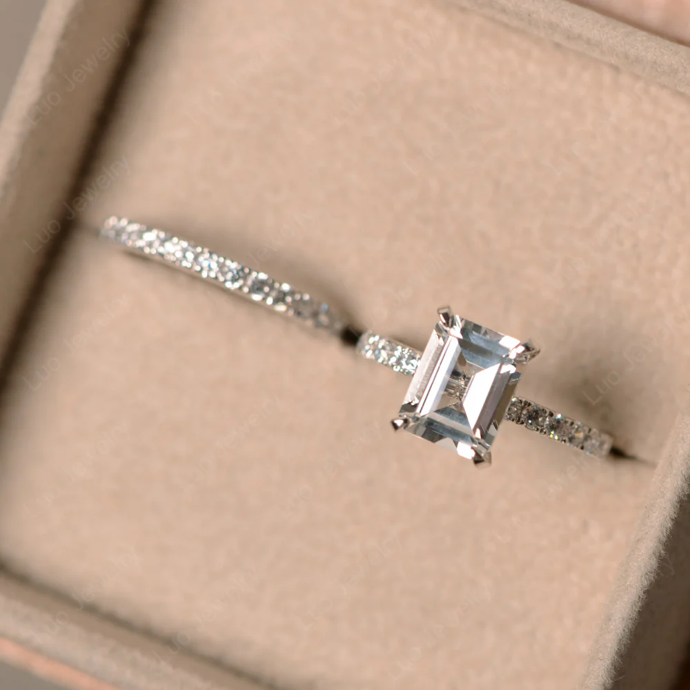 White Topaz Emerald Cut Wedding Ring Sets - Image 3