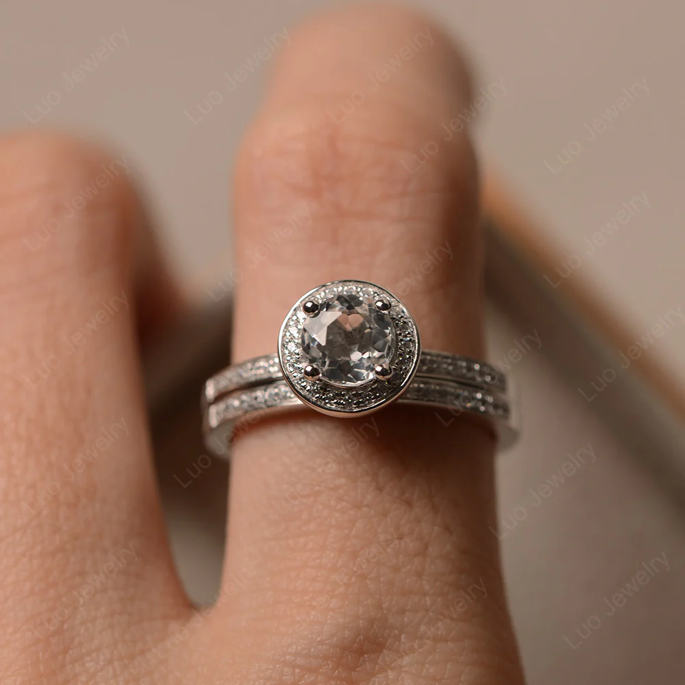 Round Cut White Topaz Halo Bridal Set Ring - Image 4