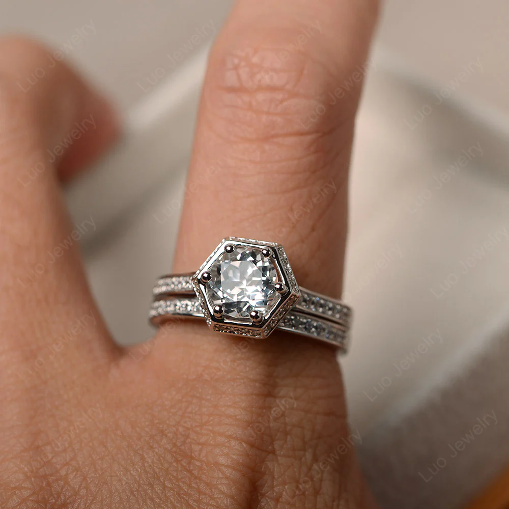 White Topaz Hexagon Bridal Set Rings - Image 4