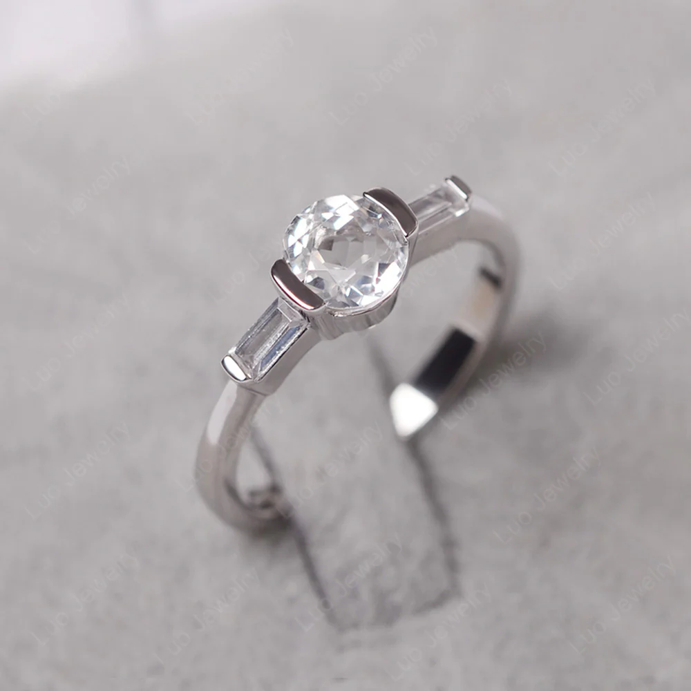 White Topaz Ring Round Cut with Baguette Side - Image 2