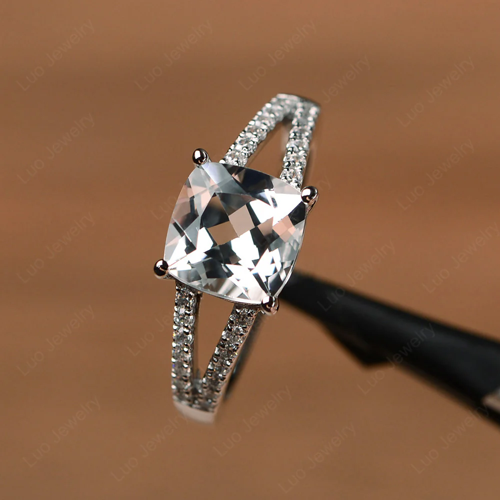 Cushion Cut White Topaz Split Shank Ring - Image 2