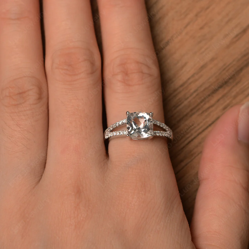 Cushion Cut White Topaz Split Shank Ring - Image 4